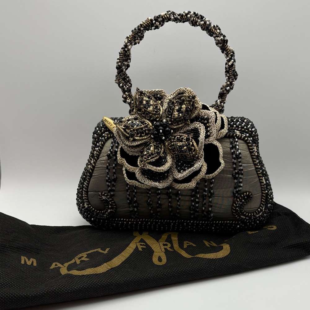 Vintage Mary Frances Black and Silver Beaded Handbag & Dust Bag Rare